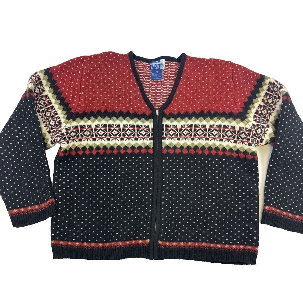 Venezia Jeans Shetland Wool Sweater Cardigan Full Zip Black Red Vintage Women 14